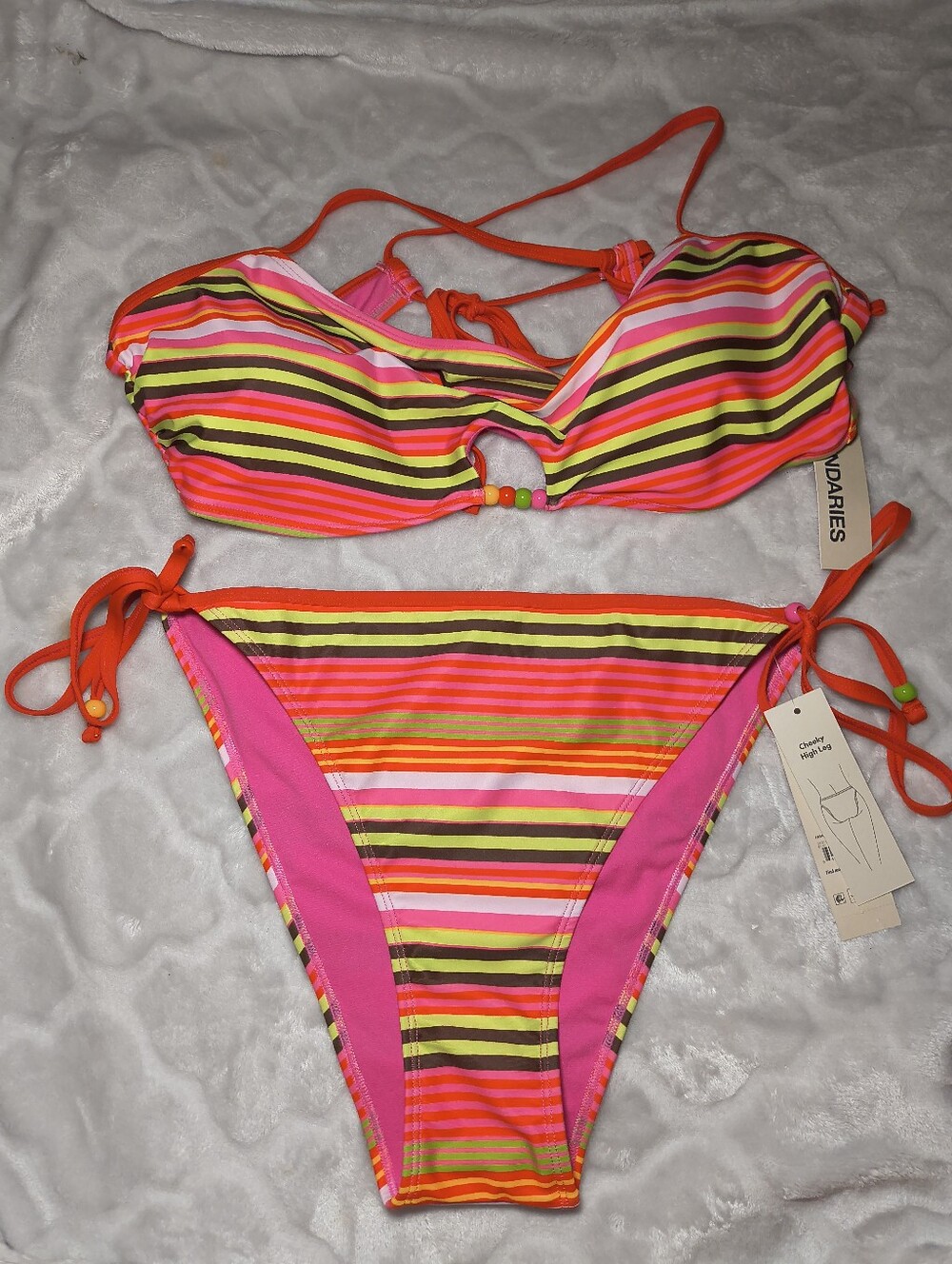 Women's No Boundaries Bikini Top and Bottom Set Pink Multi Stripe NWT